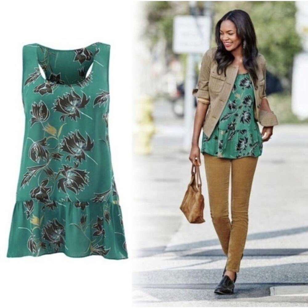 CABI Zoe Green Floral Sheer Peplum Sleeveless Racerback Tank Top Size M